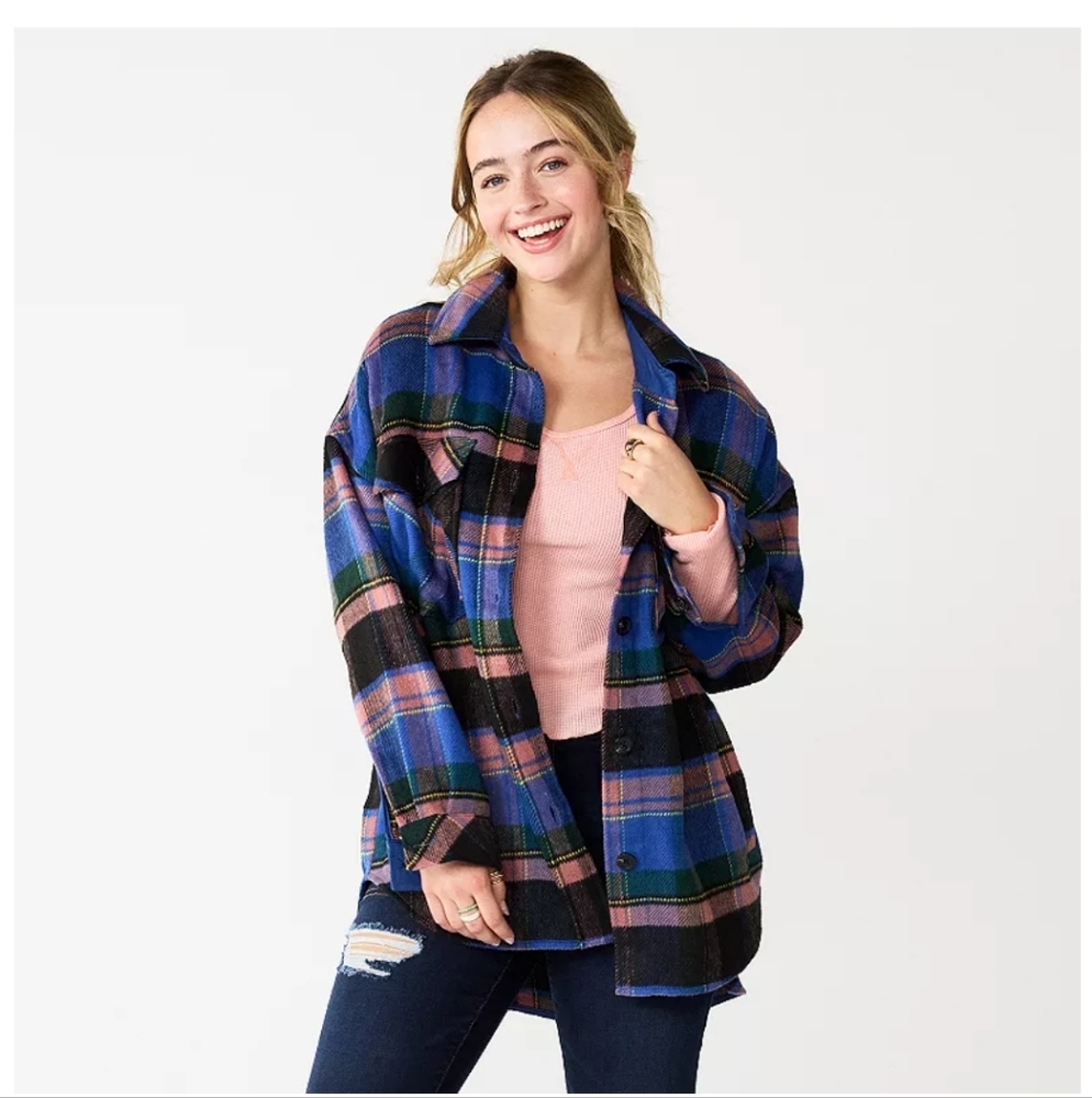SO Juniors Oversized Schacket Pink, Blue, &  Black Plaid. NWT Size M